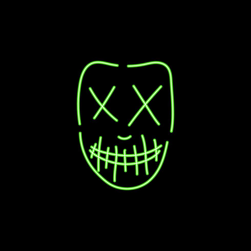 Neon green zombie mask. Creepy character with cross eyes and sewn mouth with fangs for halloween and vector party