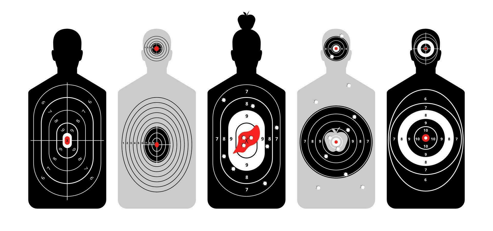 Targets for shooting with human silhouette. Training figure with outlined circles and numbers of points for hitting training in shooting from firearms and vector bow.