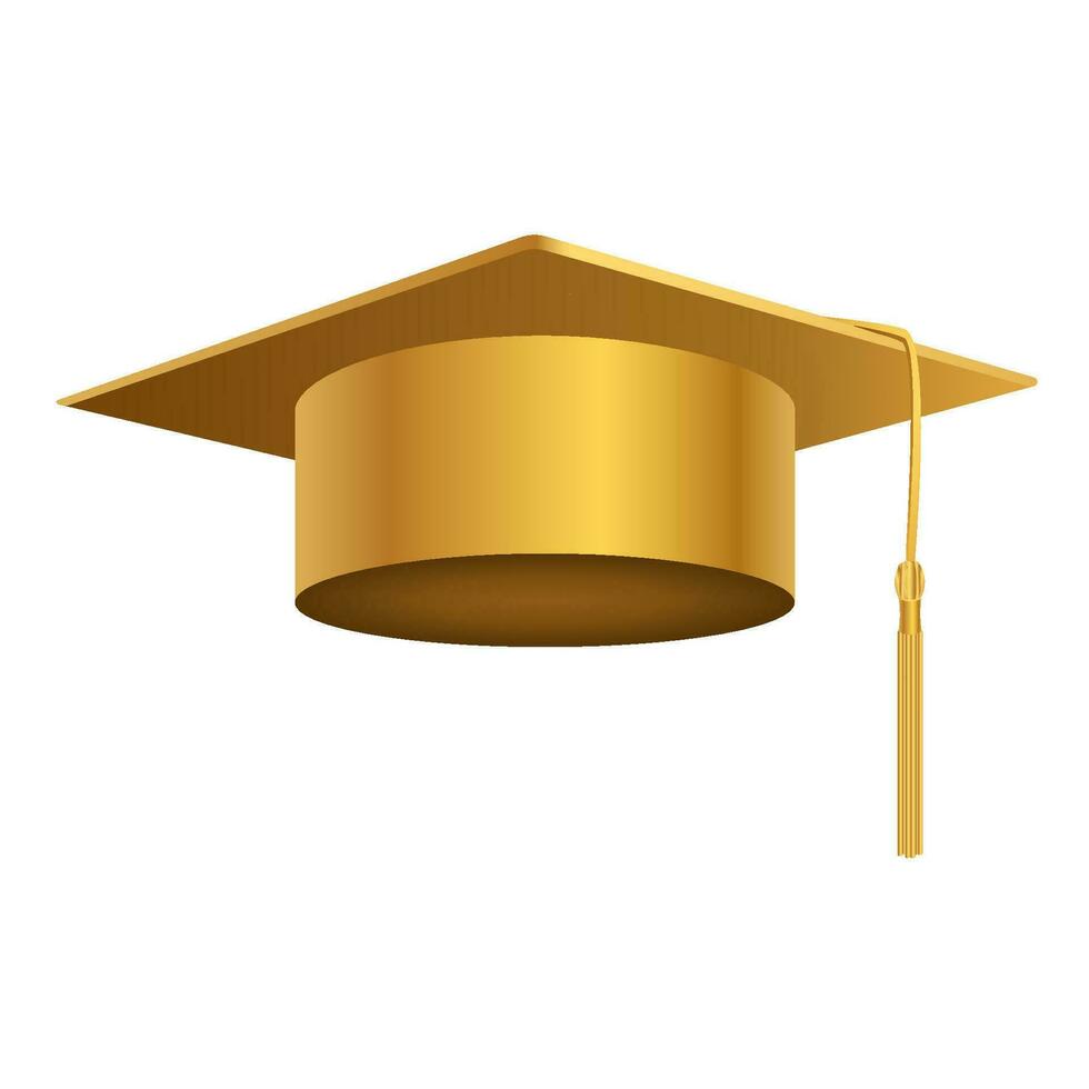 Academic graduates golden 3d cap. Festive prom headwear for colleges and academies with ceremony awarding scientific vector degrees