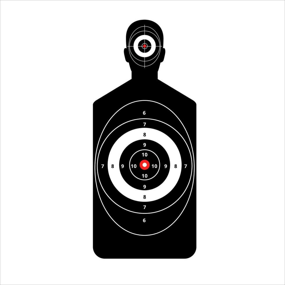 Target in human form for shooting range. Black silhouette with outlined circles and numbers of points for hitting training in shooting from firearms and vector bow.