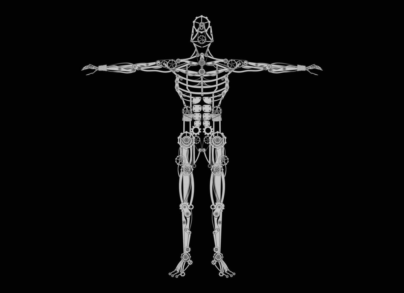 Mechanical human body. Mechanical cyborg with metal body parts artificial automaton futuristic flat design monochrome anatomy vector robot steampunk drawing of steel skeleton.