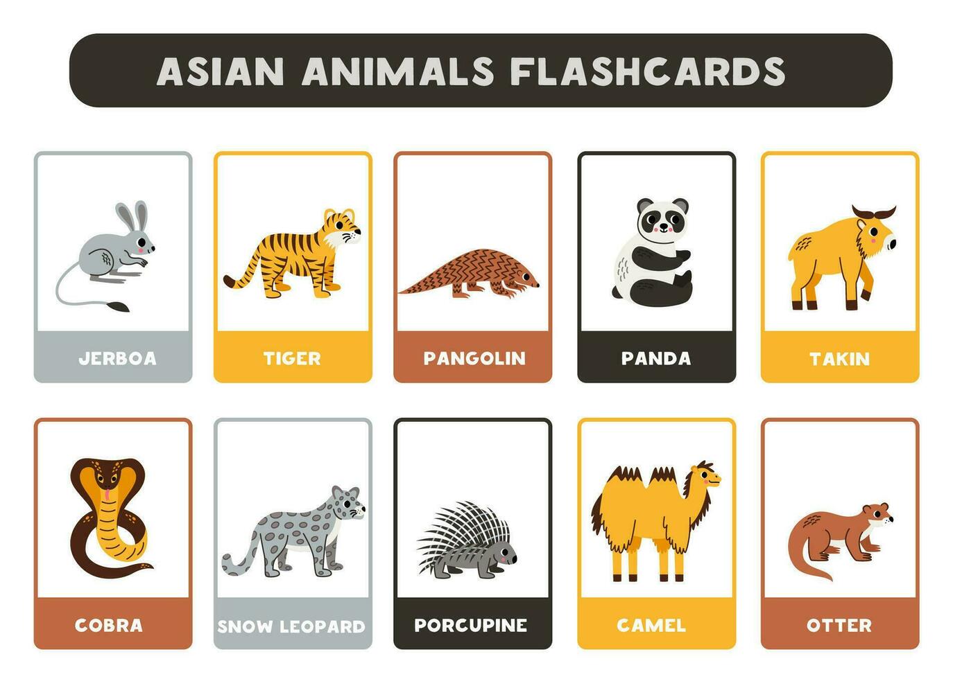 Cute Asian animals with names. Flashcards for learning English. vector