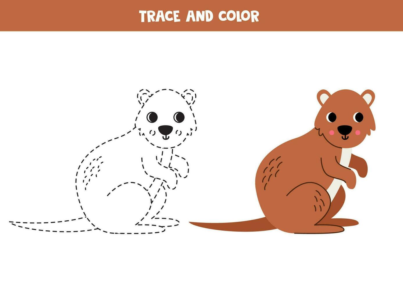 Trace and color cartoon quokka. Worksheet for children. vector