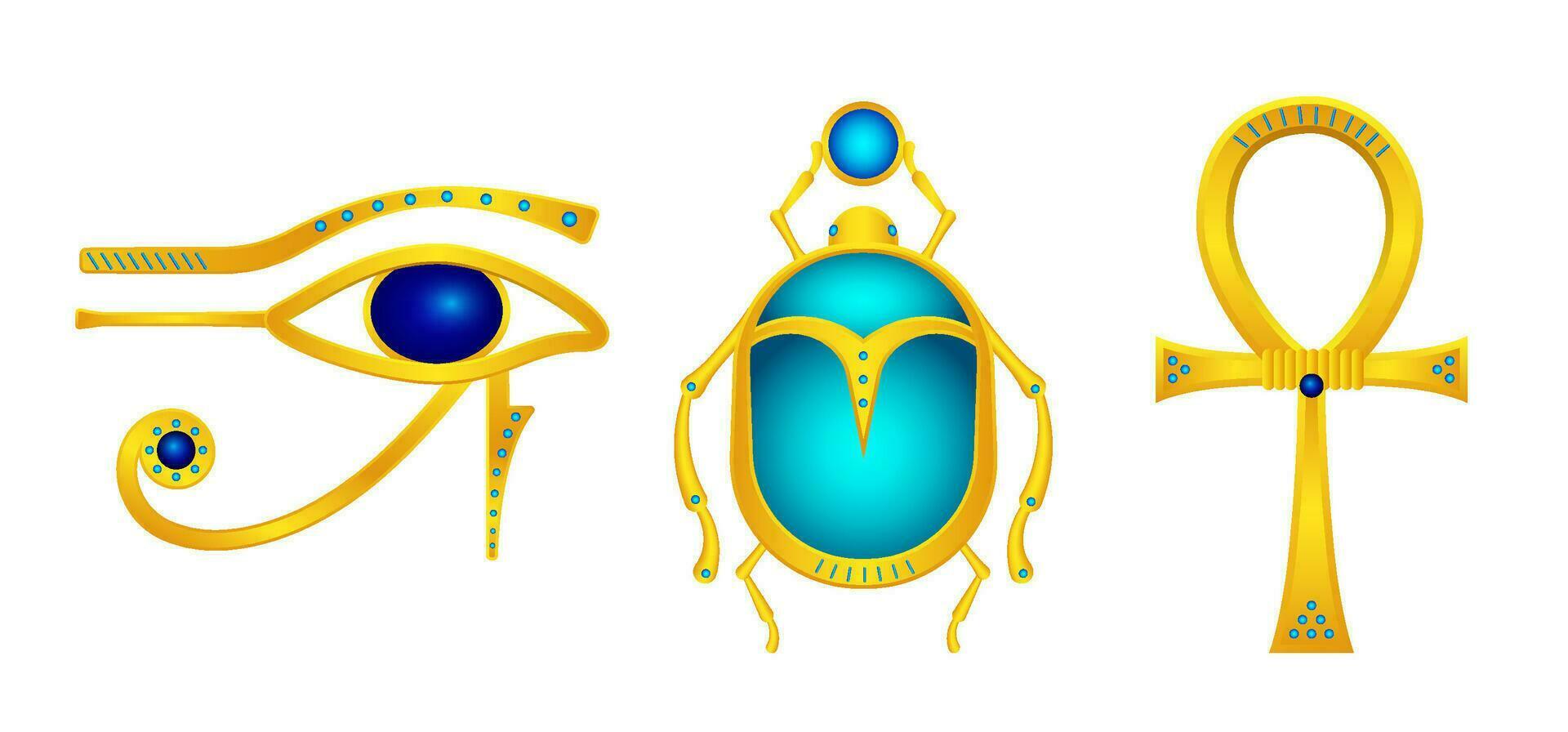 egipcio antiguo oro símbolos talismanes. antiguo ojo de horus con azul gemas y mítico escarabajo con Dto místico cruzar vector ankh