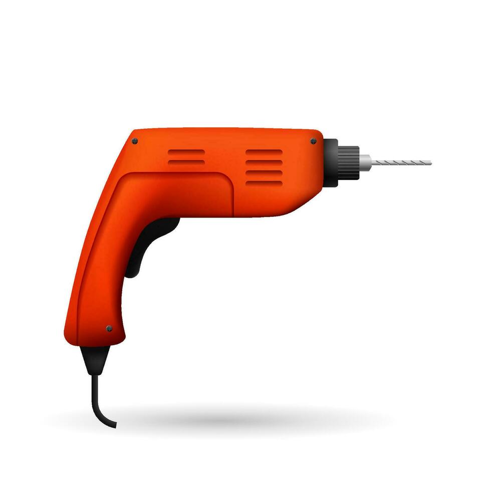 Orange electric drill. Powerful handheld screwdriver for drilling holes and removing bolts useful device in home and factory vector use