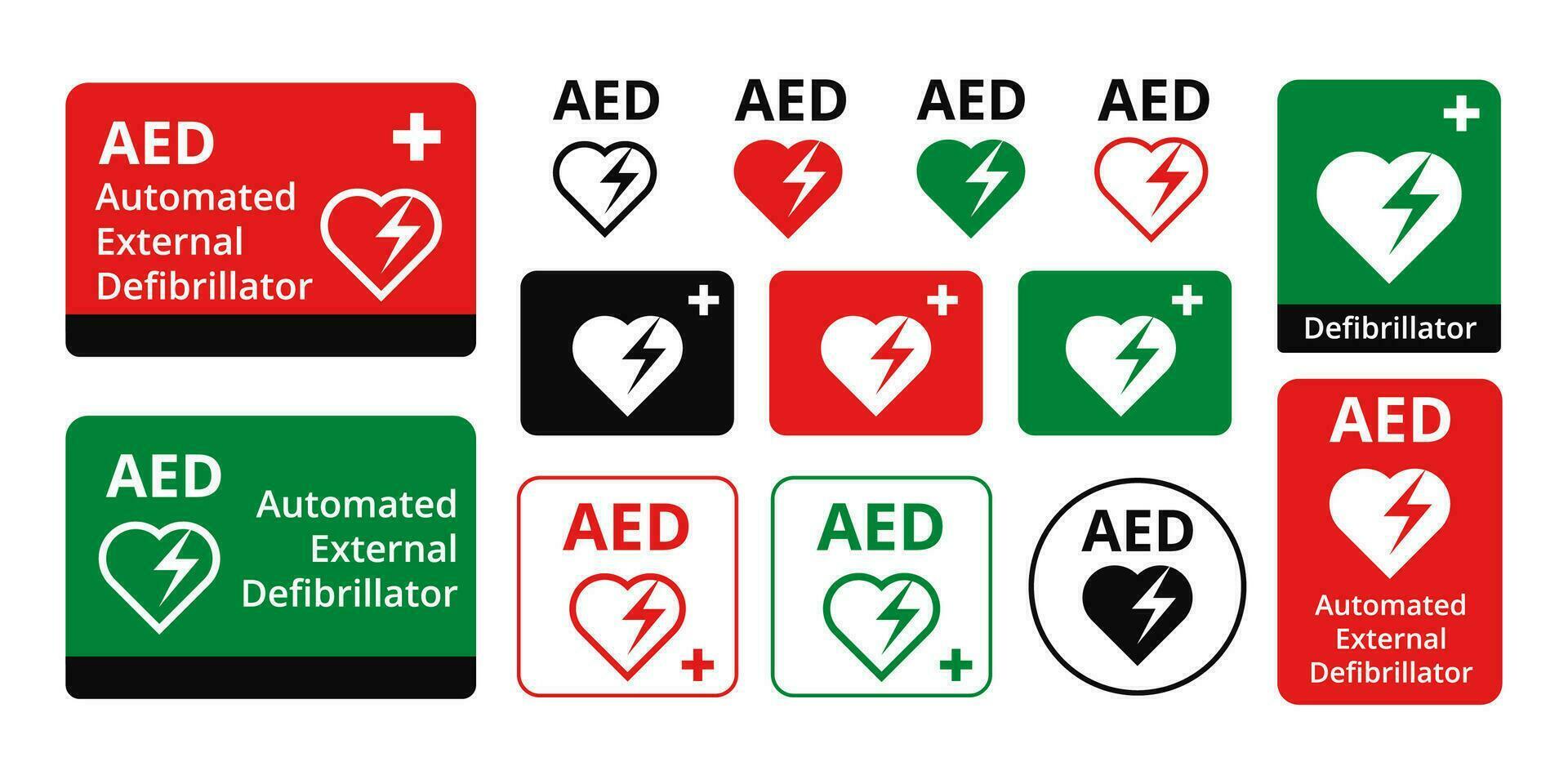 Labels for designation of medical defebrilator. Stickers device with heart and lightning for emergency vector resuscitation.