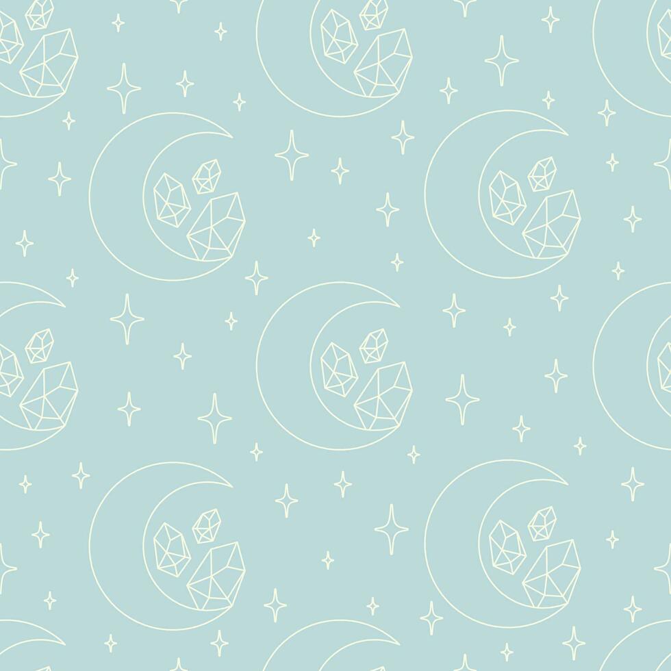 Seamless pattern with healing crystal and moon blue print. Aesthetic esoteric and crescent artwork vector