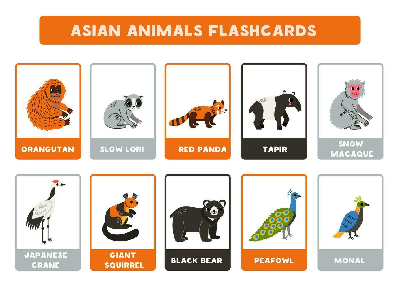 linda asiático animales con nombres tarjetas didácticas para aprendizaje inglés. vector
