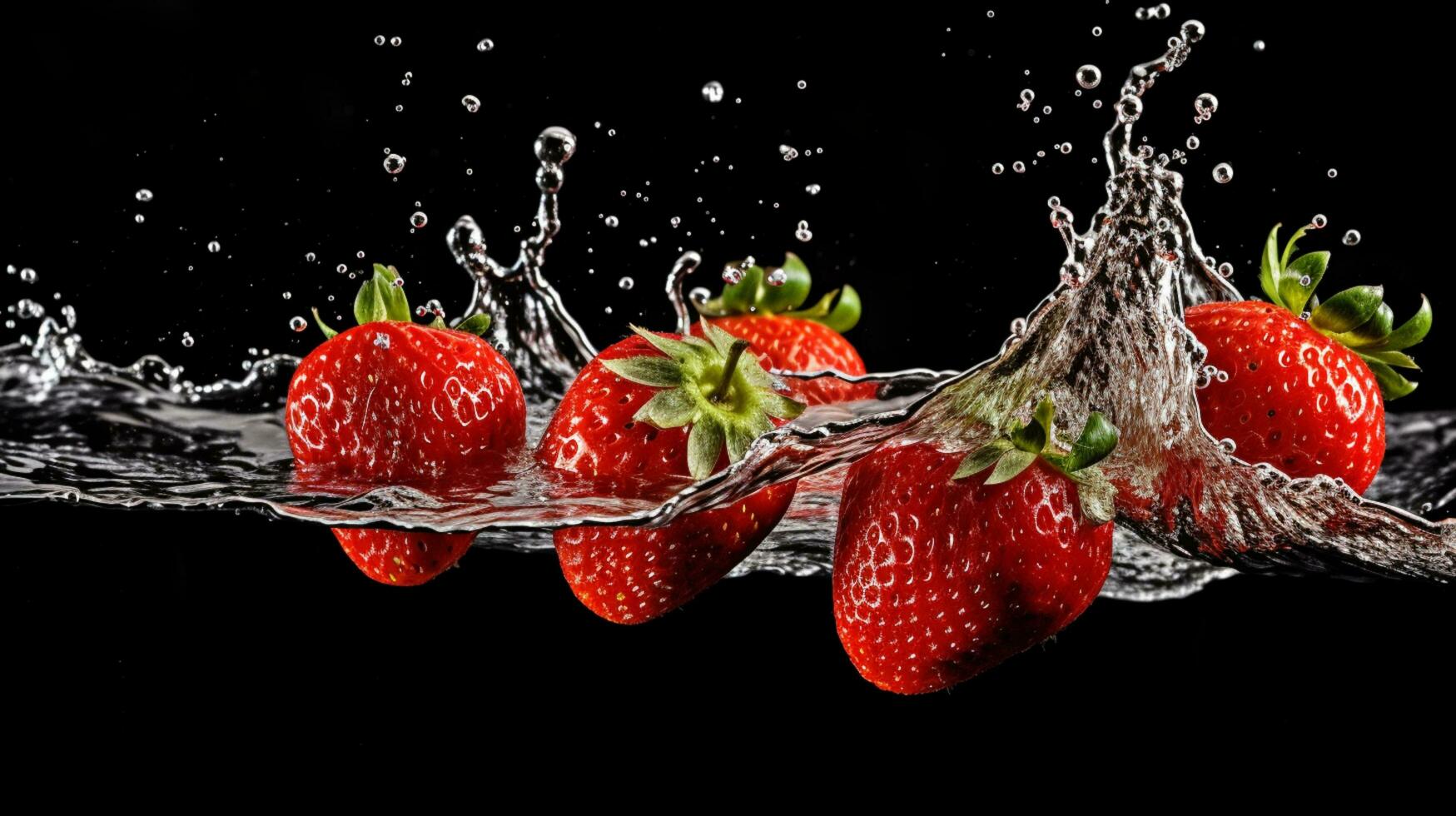 recién salpicado fresa en negro antecedentes con agua gotitas.ai generativo foto