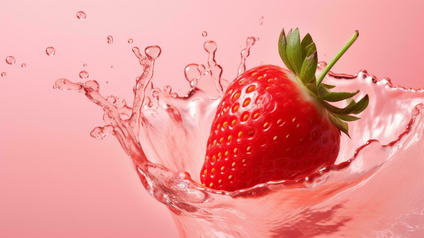 Freshly Splashed Strawberry on Colored Background with Water Droplets.AI Generative photo