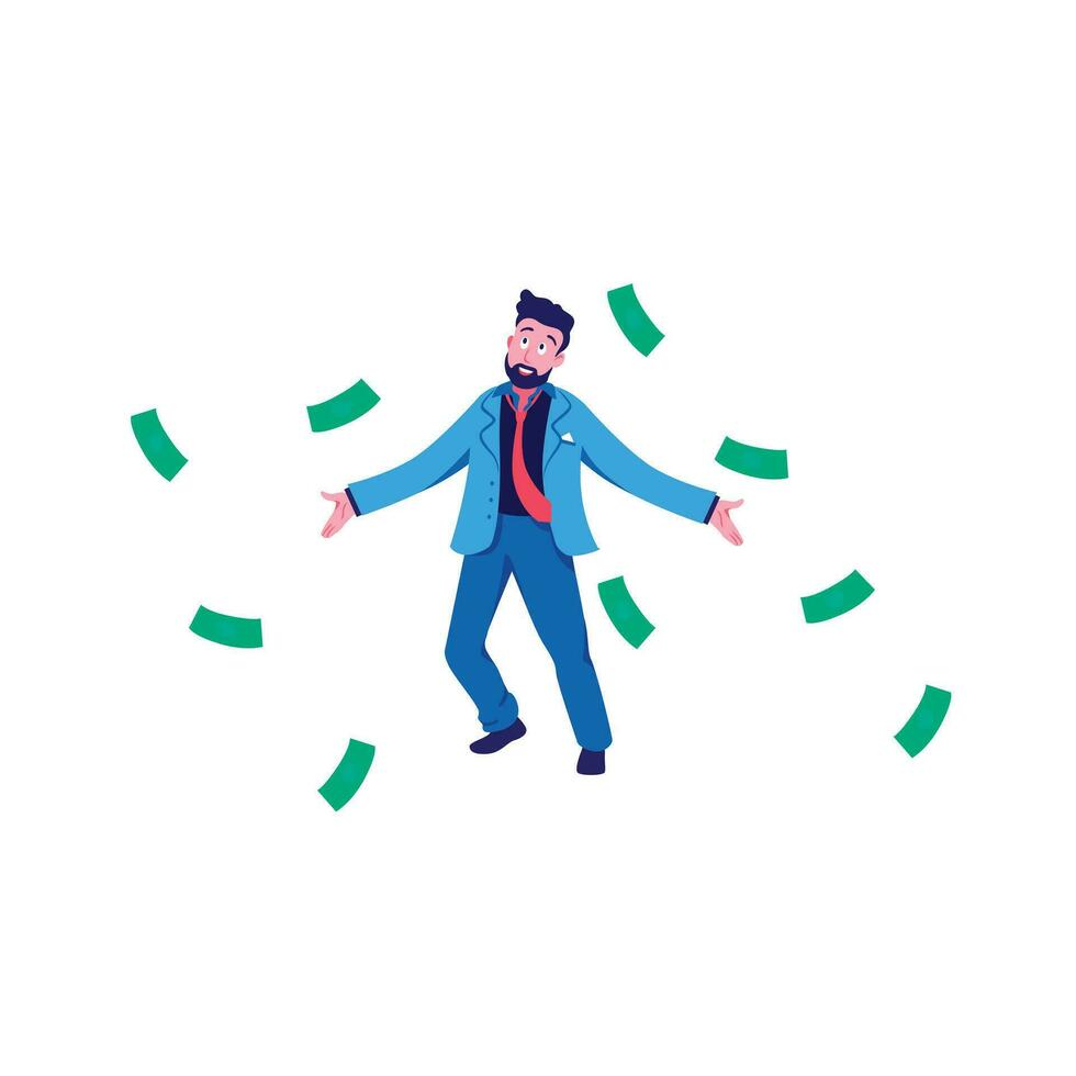 Businessman with scattered green banknotes. Successful investment with maximum profit and sudden wealth design with financial luck vector