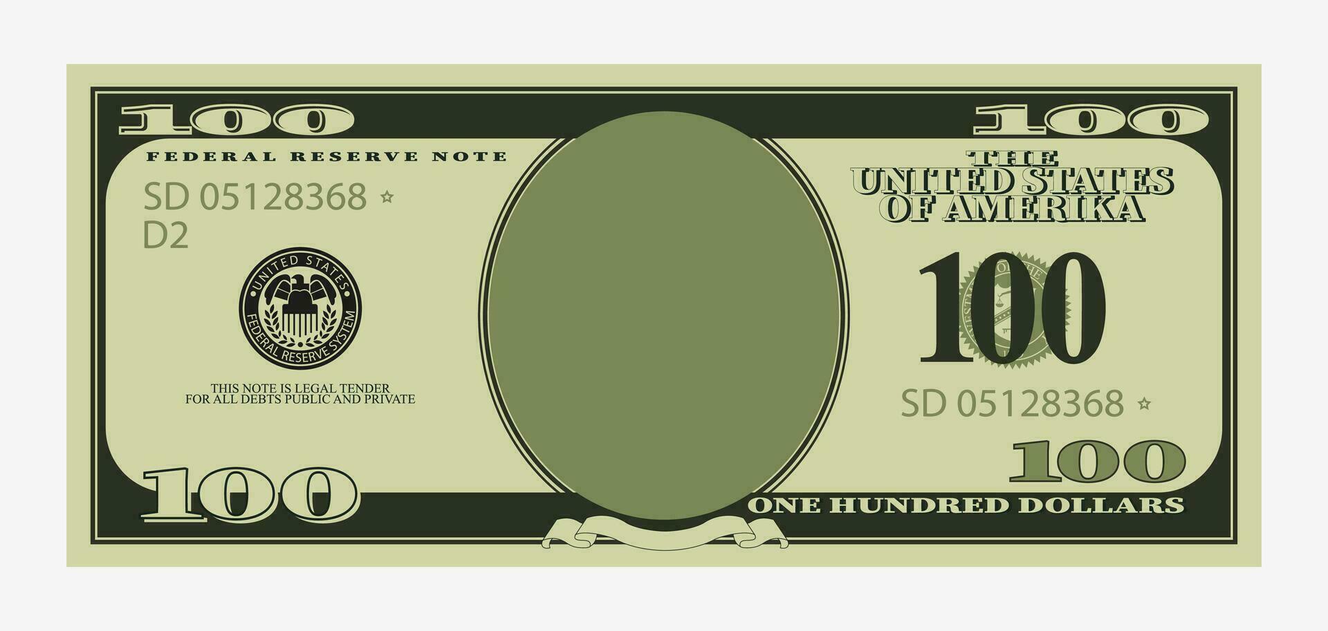 plantilla de billete de cien dólares. billete americano con centro de retrato vacío plantilla de vector de inversión económica de papel moneda para insertar el dibujo de la cara.