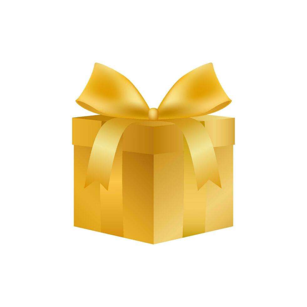 Golden 3d gift box. Festive surprise and discount with bonuses for regular customers in business vector marketing.