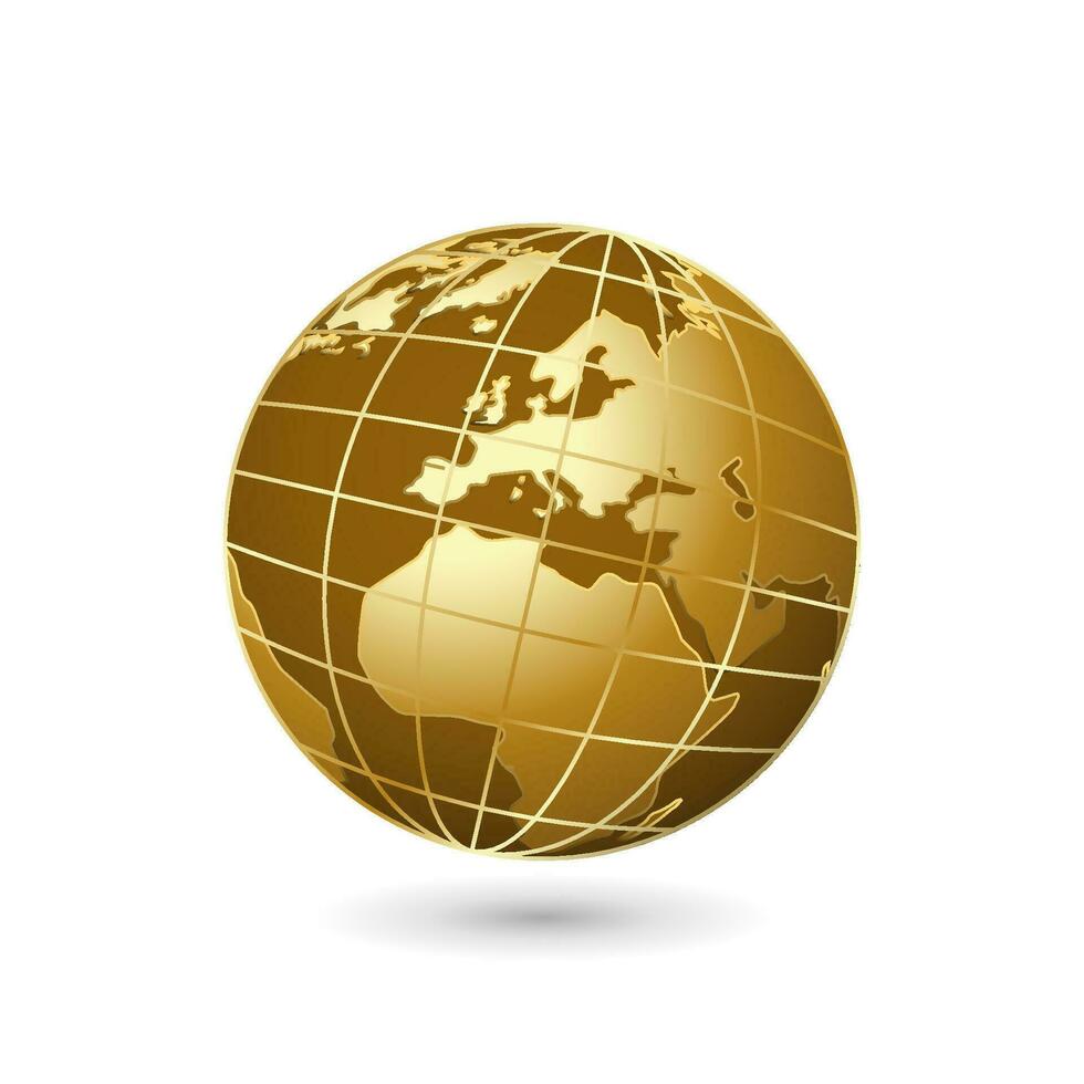 Golden 3d planet earth with continents. Global seas and oceans with marketing geographic lands for graphic vector design