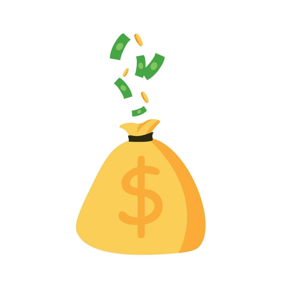 Rich manager with bag of money concept. Huge financial profits and successful economy gold coins and paper cash reserves successful professional management vector jackpot.