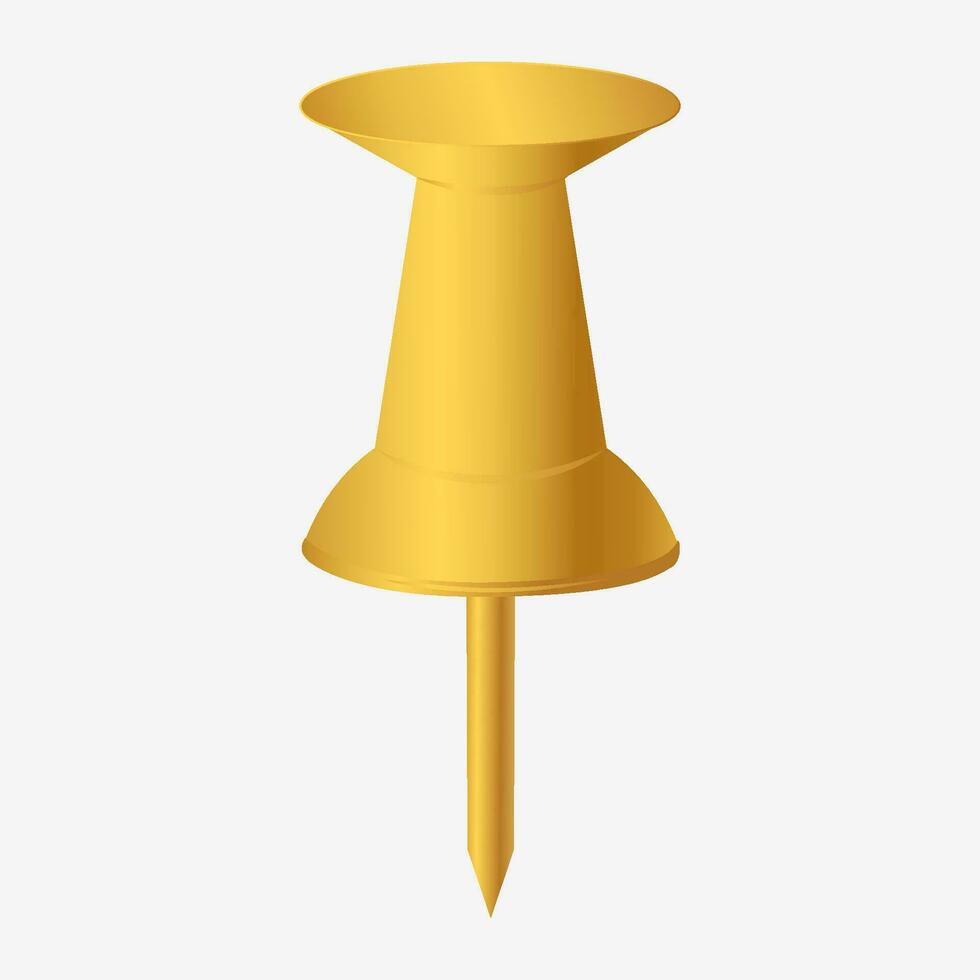 Golden office 3d push pin. Gold thumbtack with needle for pinning paper and reminders on vector board