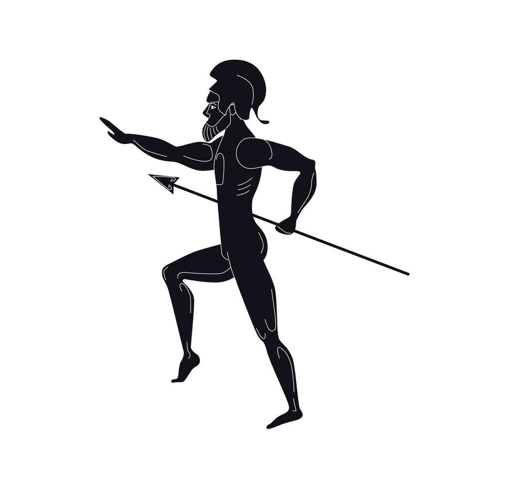 silueta de griego soldado con lanza. antiguo espartano guerrero sin armadura en casco huelgas con lucio en clásico antiguo vector estilo