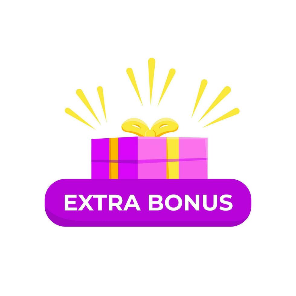 Gift box with extra bonus icon. Purple marketing discount with golden bow festive promotional surprise for loyal business vector customers