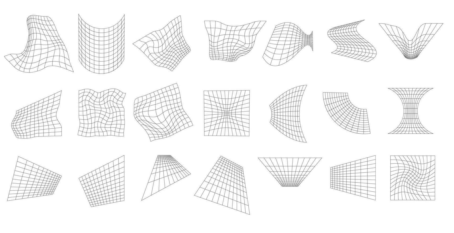 Geometric grids on white surface set. Abstract lattice shapes with warp and distortion digital ornament for design and web vector presentation