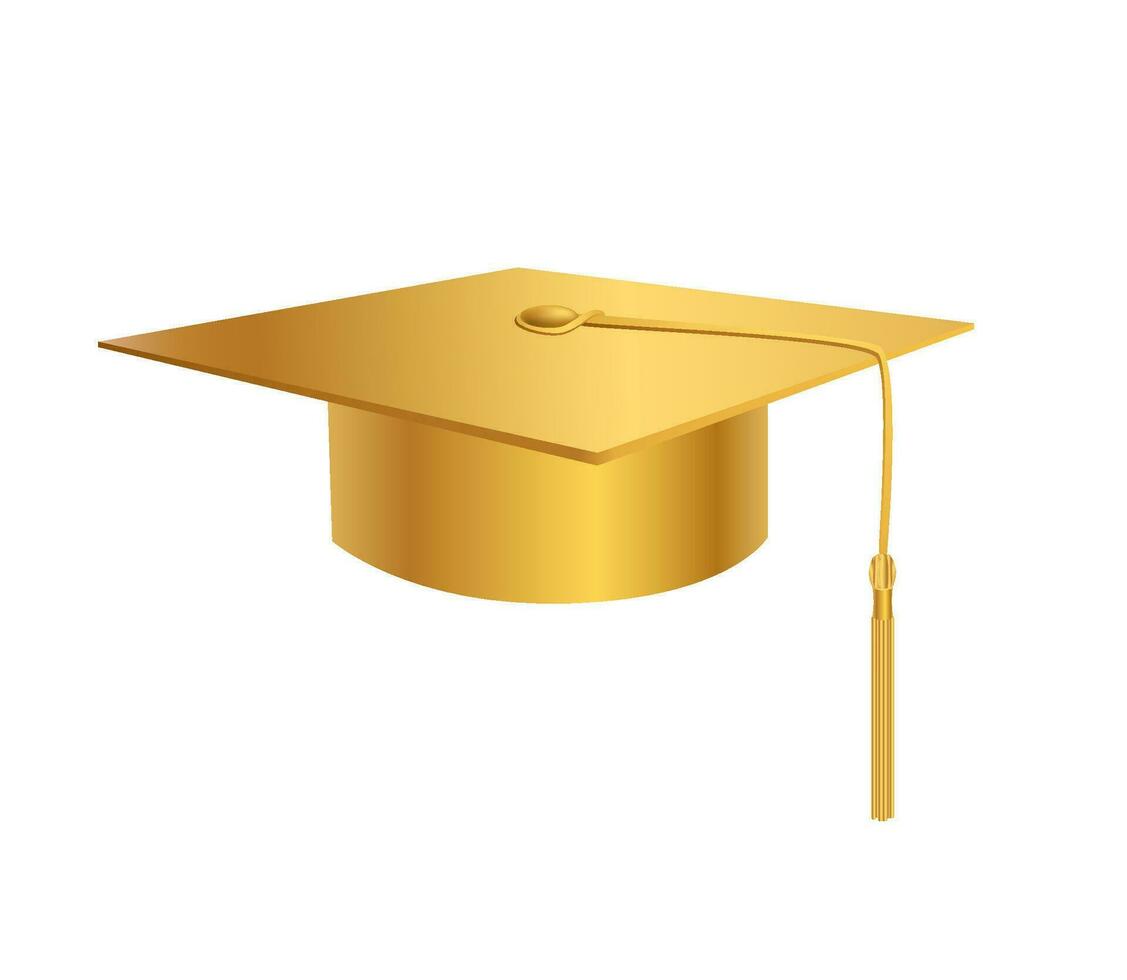 Graduates golden 3d cap. Festive prom headwear for colleges and academies with ceremony awarding scientific vector degrees