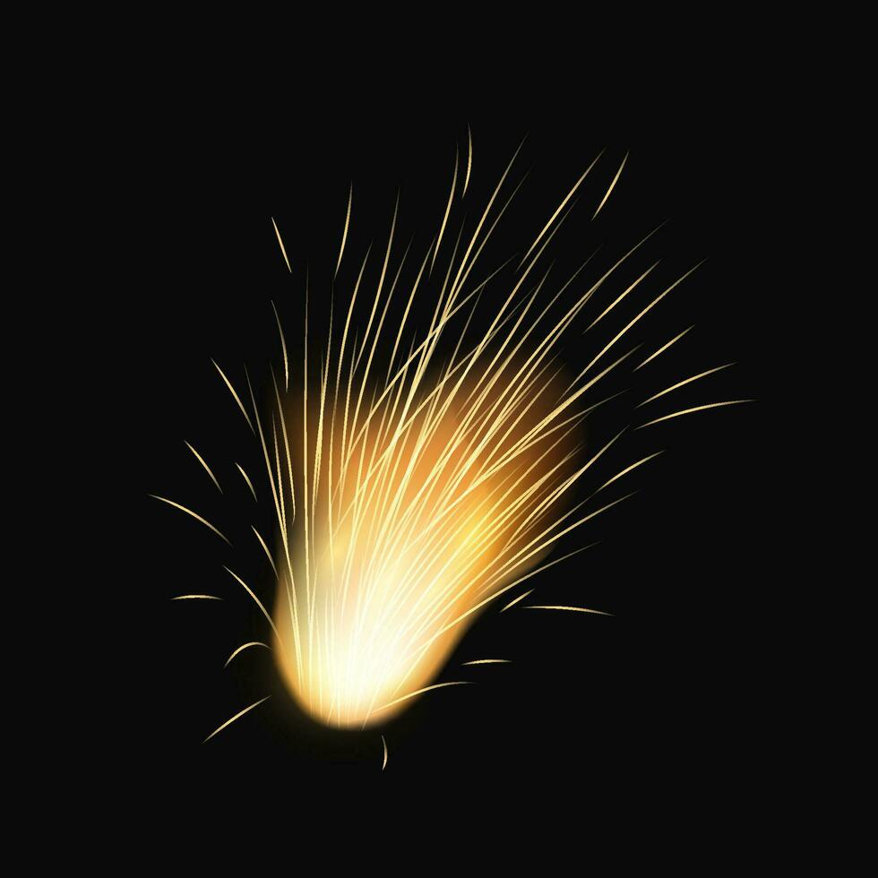 Fiery flash with sparks. Golden bursts of holiday lights with glowing energy and flying vector particles