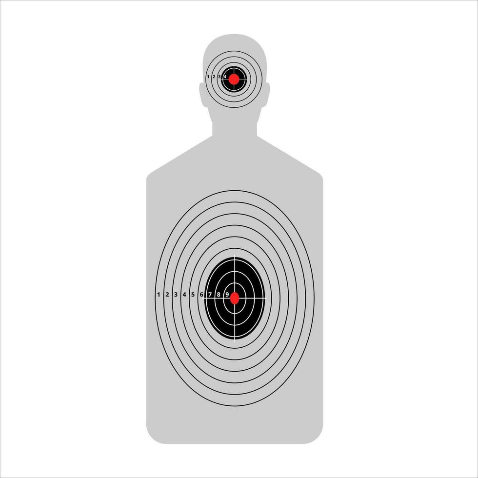 Gray target for shooting. Man silhouette with outlined circles and numbers of points for hitting training in shooting from firearms and vector bow.