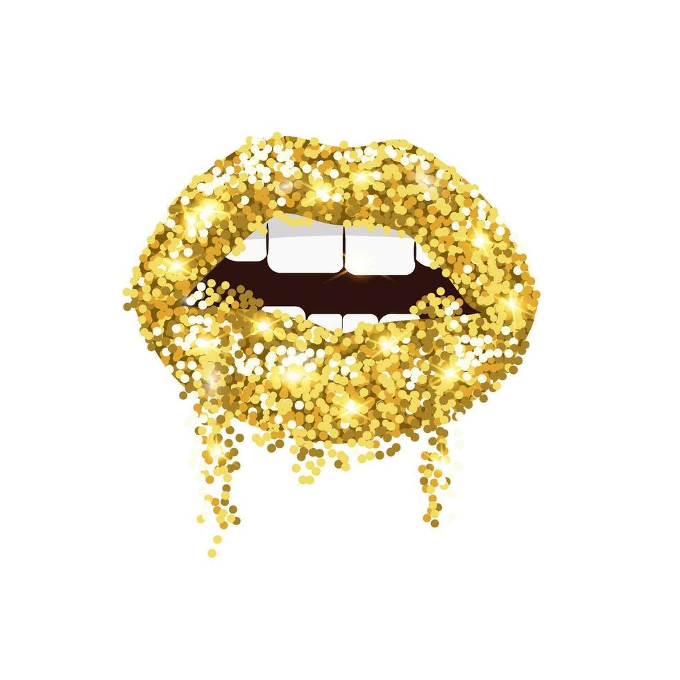 Gold lips with streaks. Luxury sexy makeup with lipstick kisses and smile for colorful comic rich design and open vector beauty expression