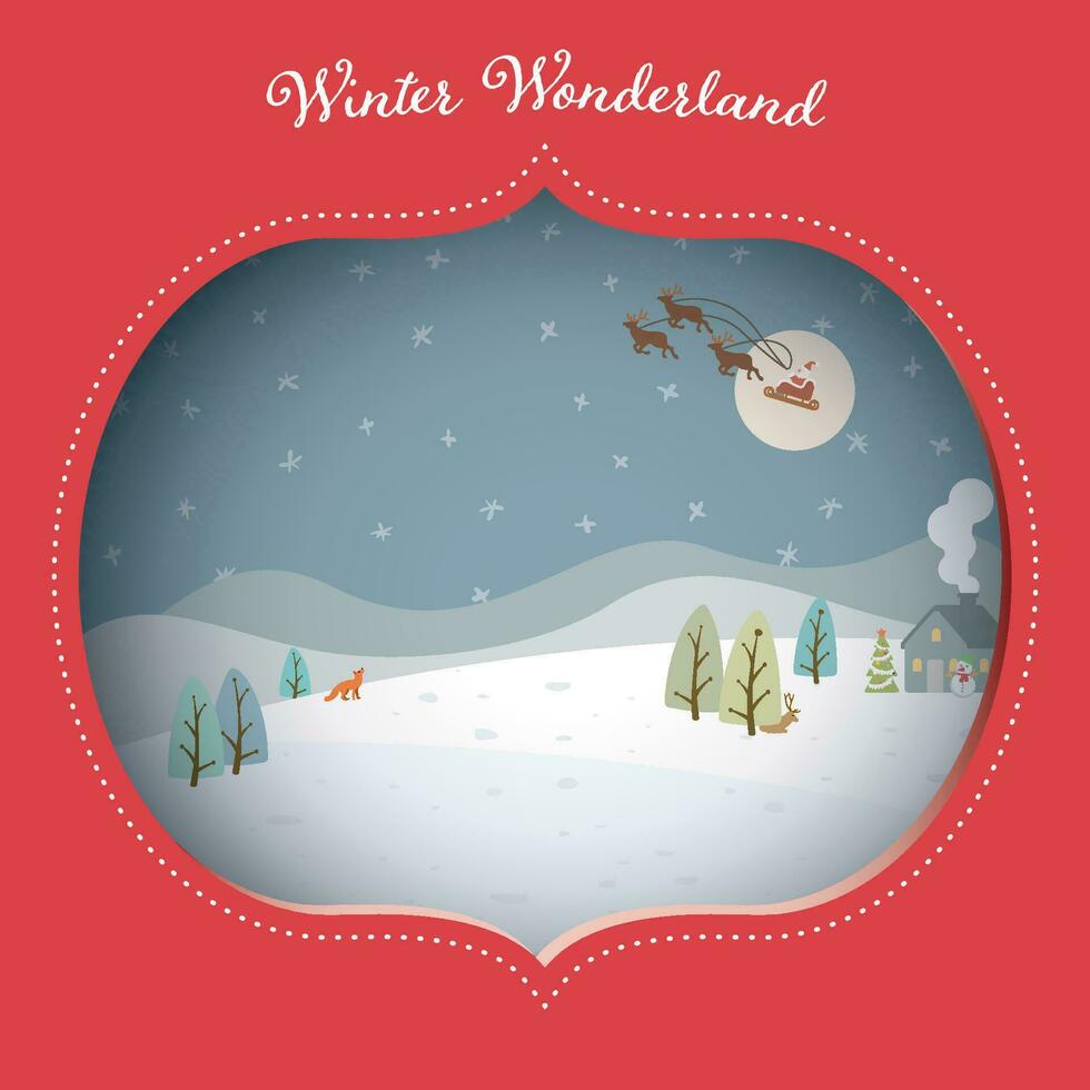 invierno mundo maravilloso a noche pastel colores infantil estilo en Clásico marco con capa sombra vector ilustración. alegre Navidad y contento nuevo año saludo tarjeta modelo.