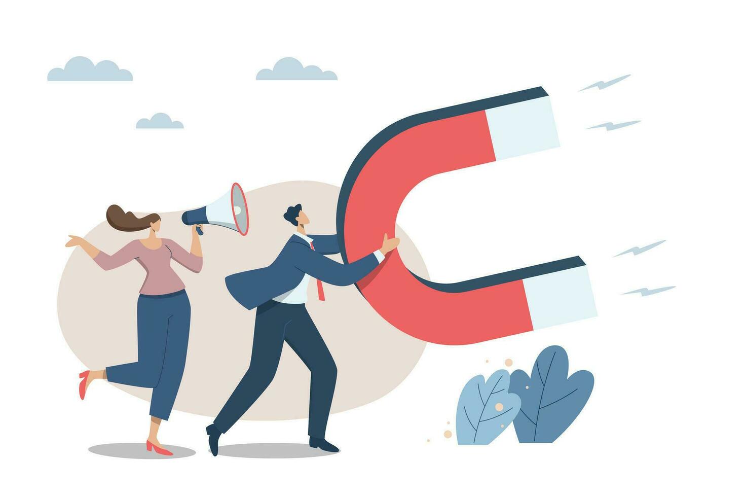 Communication with customers, Important message, Business marketing materials with campaign that attracts customers, Businessman, woman advertising or announcement with megaphone and big magnet. vector