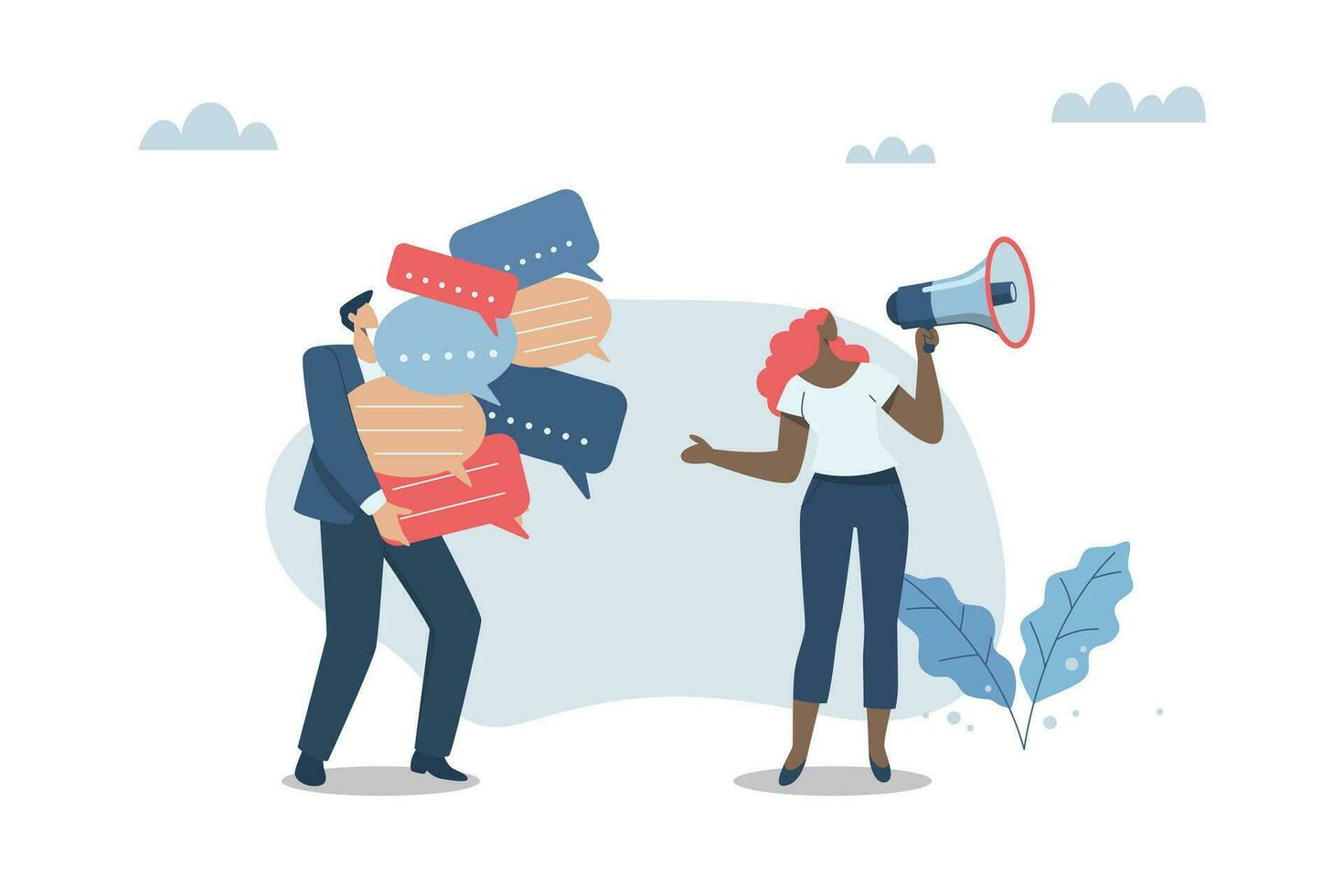 Building relationships with customers Business media support, Public relations to communicate company information, Businessman holds a speech bubble. Woman communicating with customers with megaphone vector