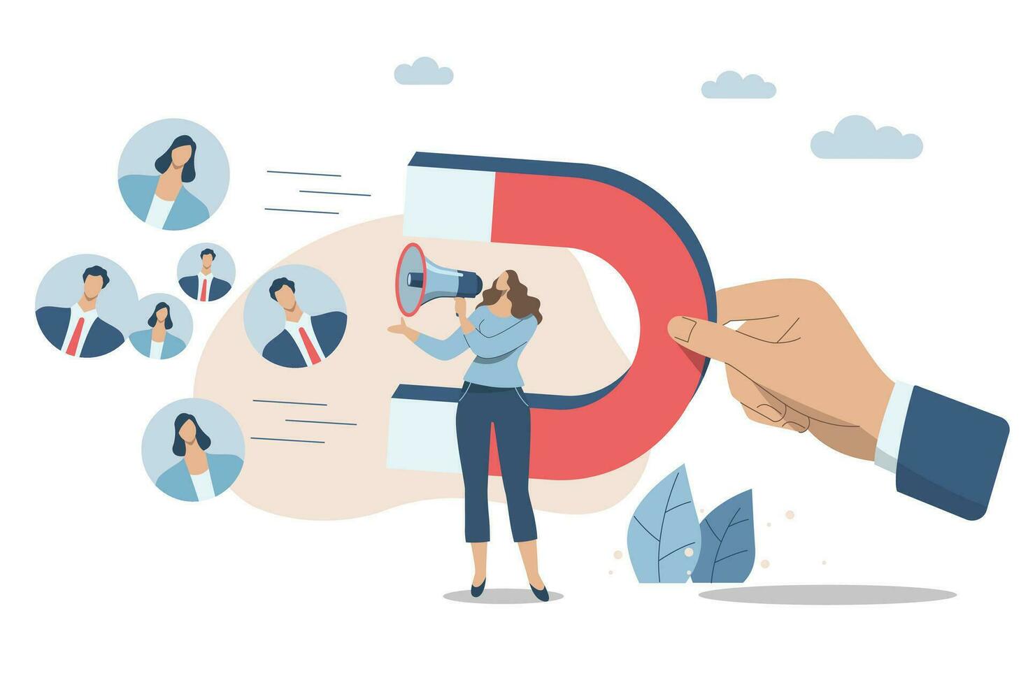 Communication or message, Marketing materials find new customers and campaigns that attract new customers, Businesswoman advertises or announces with a megaphone and a big hand holding a magnet. vector