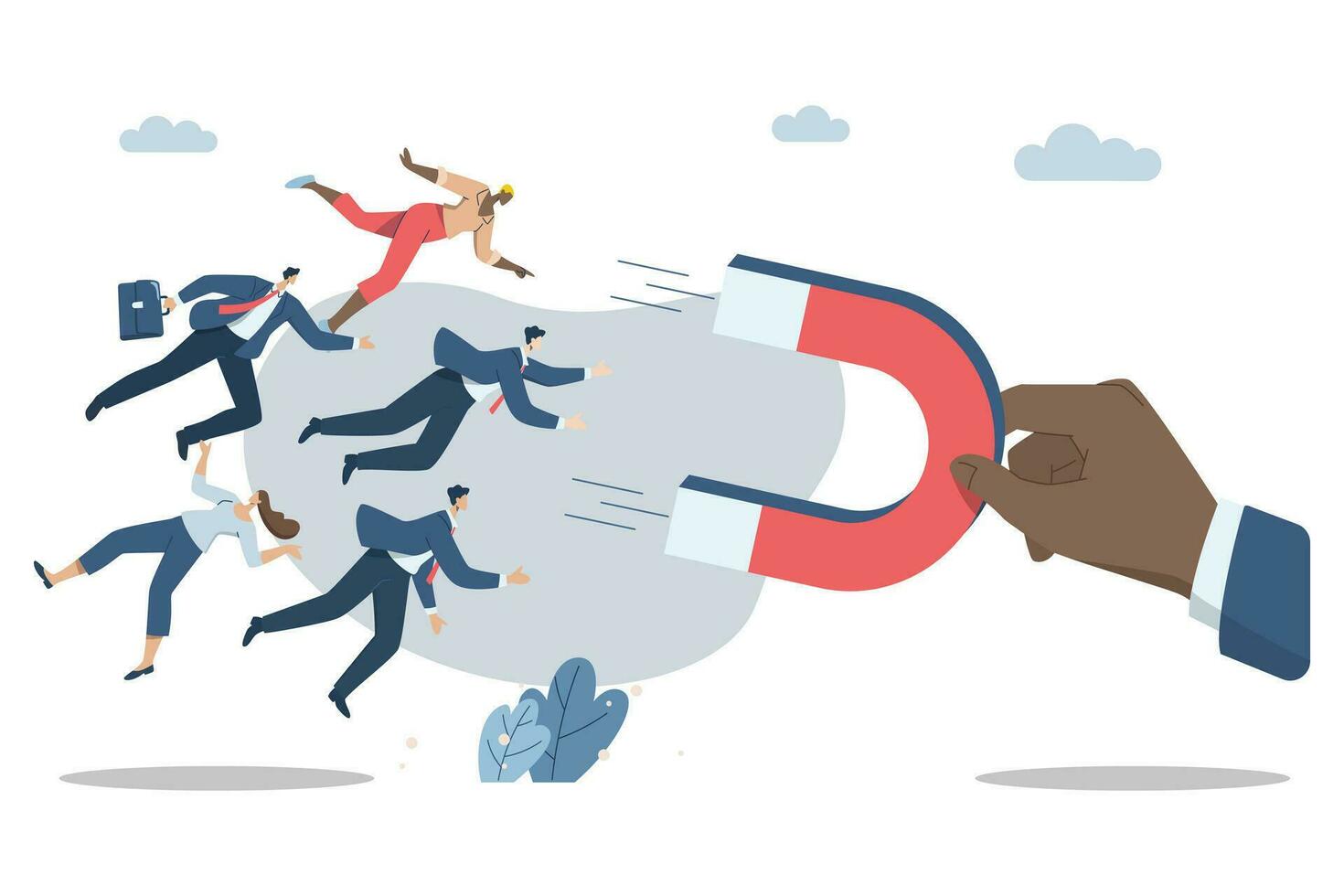 Attracting personnel or talented employees or leadership, Finding group of people with diverse specialties, Big hands use magnets to attract new employees. Vector design illustration.