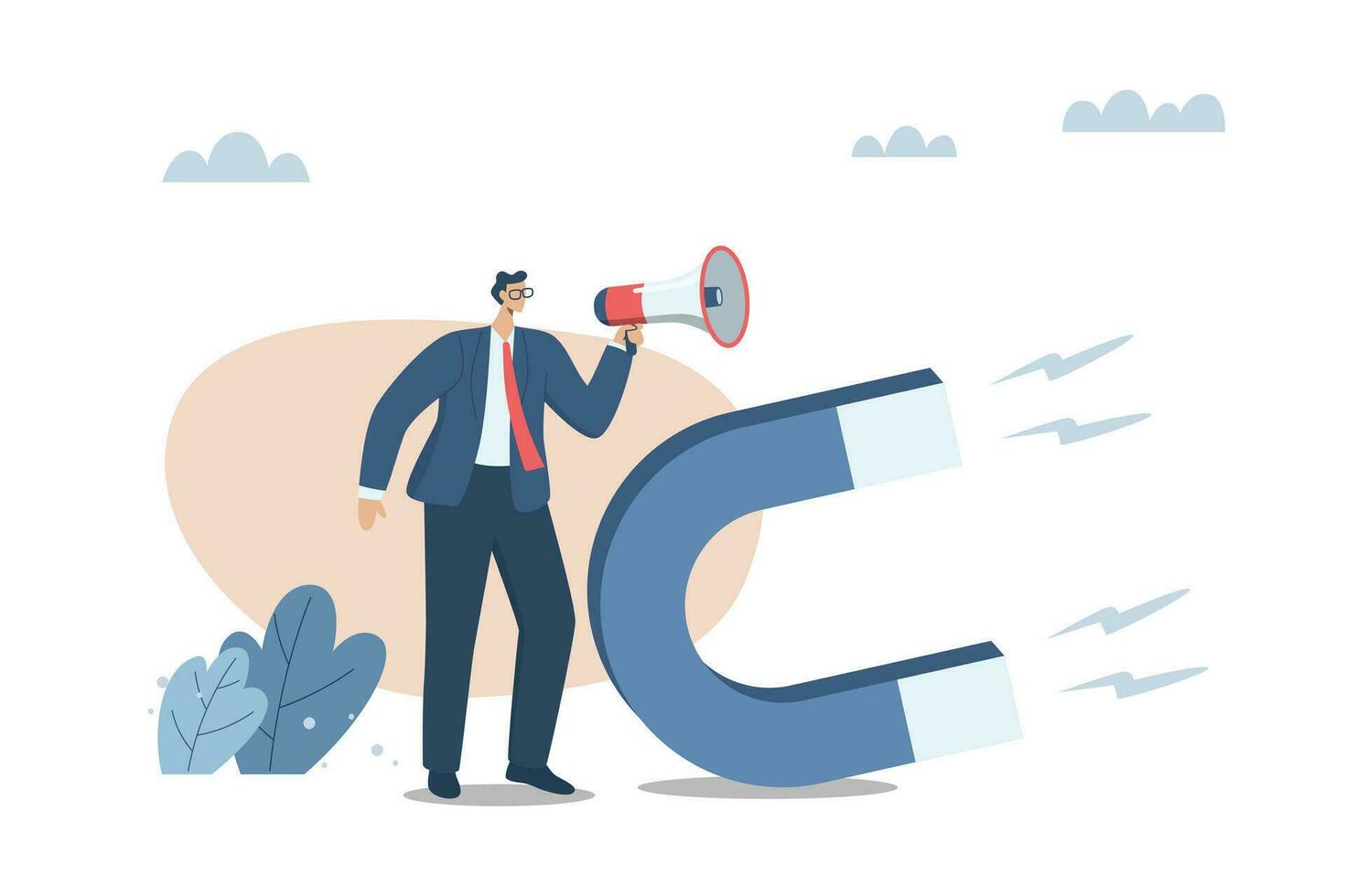 Communication with customers, Important message, Business marketing materials with campaign that attracts customers, Businessman advertising or announcement with megaphone and big magnet. vector