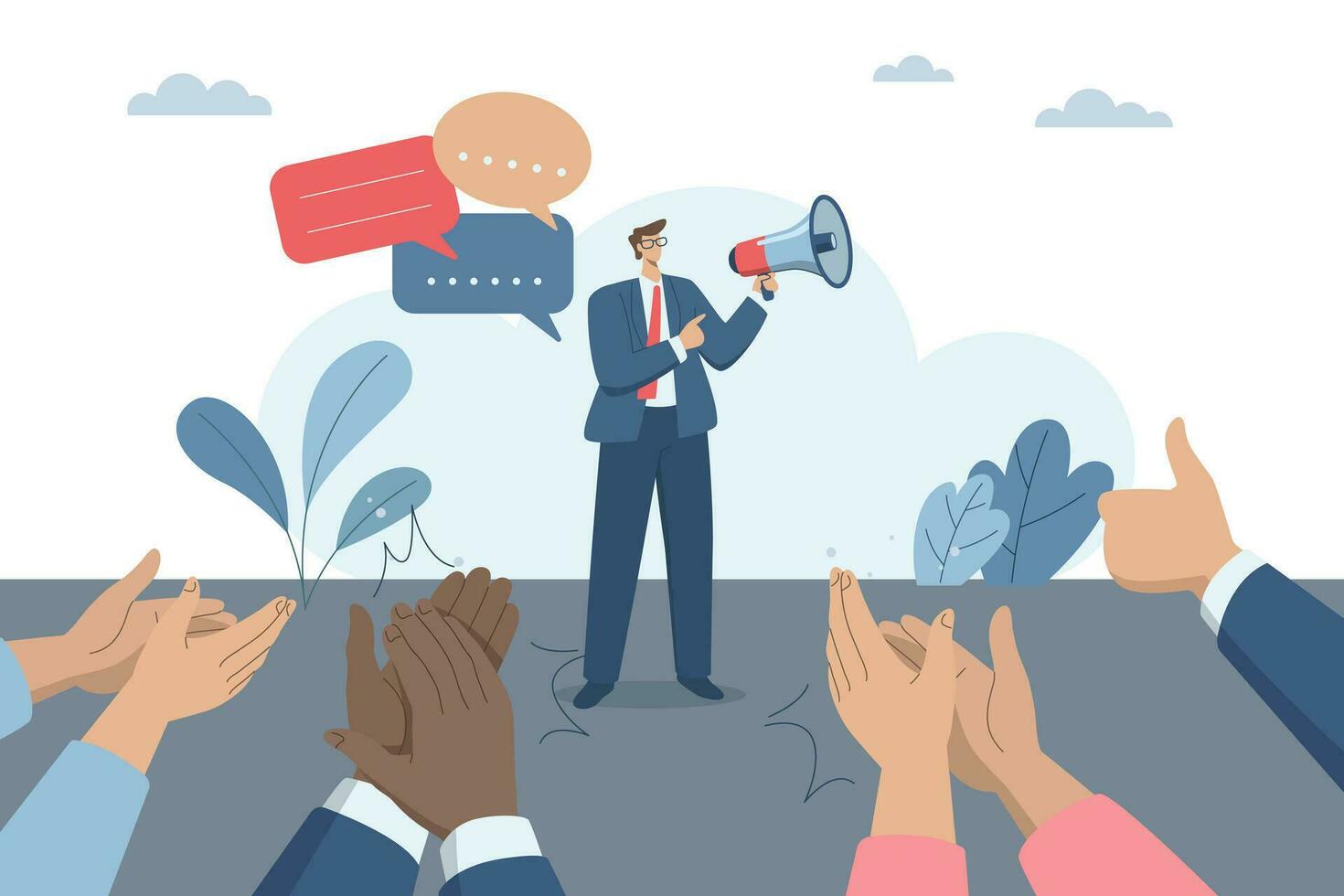 Discussion, Speaking at meeting, Productive conversation or discussion in the workplace, Colleagues applaud in appreciation for wonderful speech. Businessman uses megaphone to speak. Vector design.