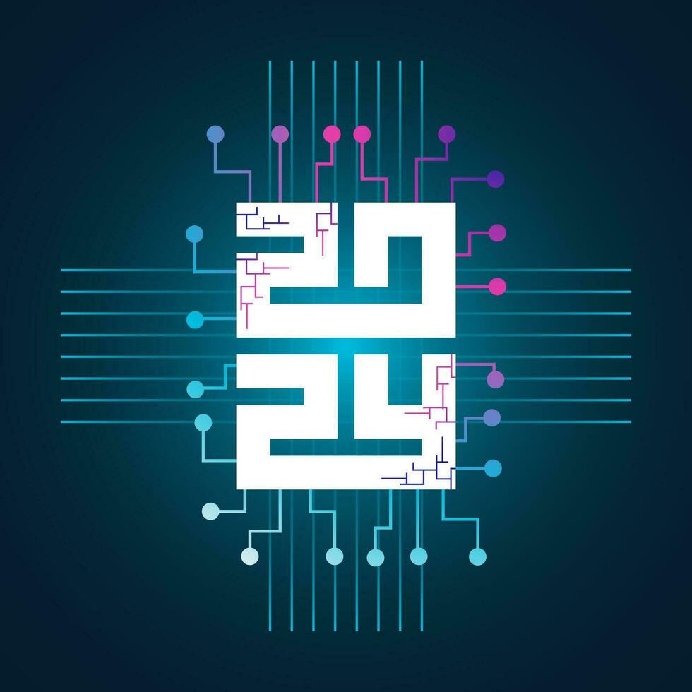 Vector illustration happy new year concept technology with neon light line art free download