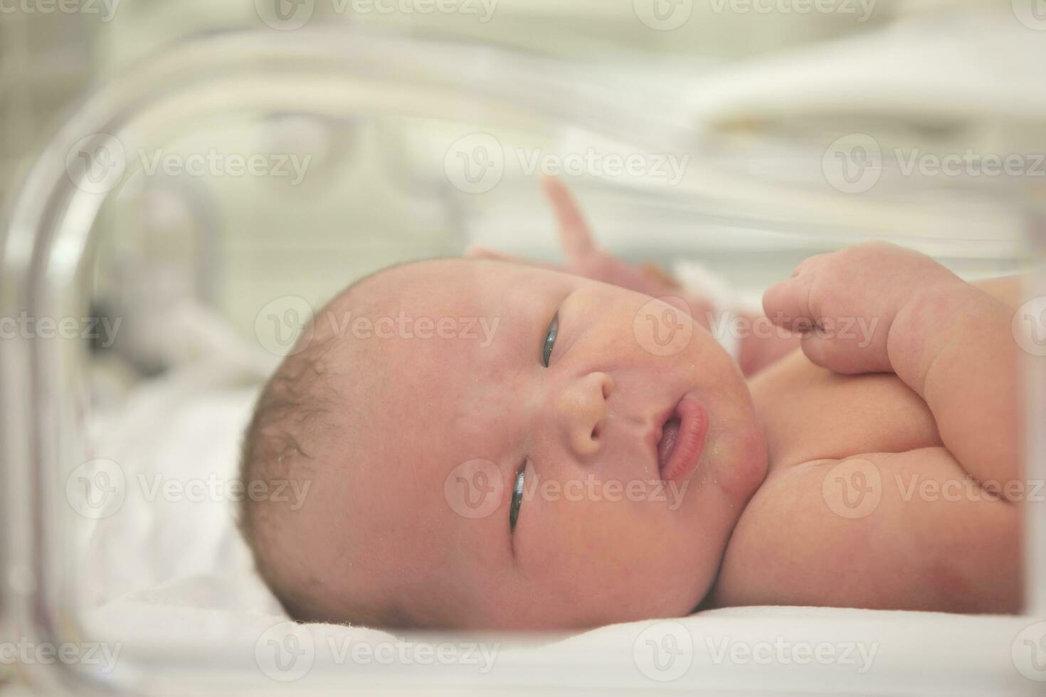 Newborn premature baby in NICU intensive care unit photo