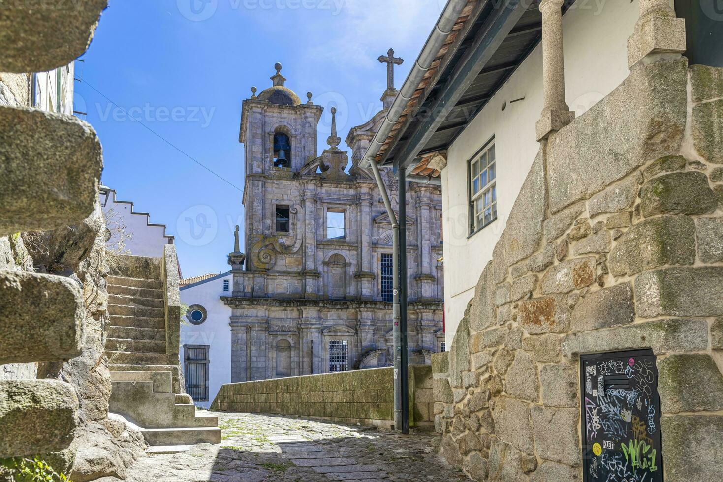 Scene of a deserted street in downtown Porto in the morning photo