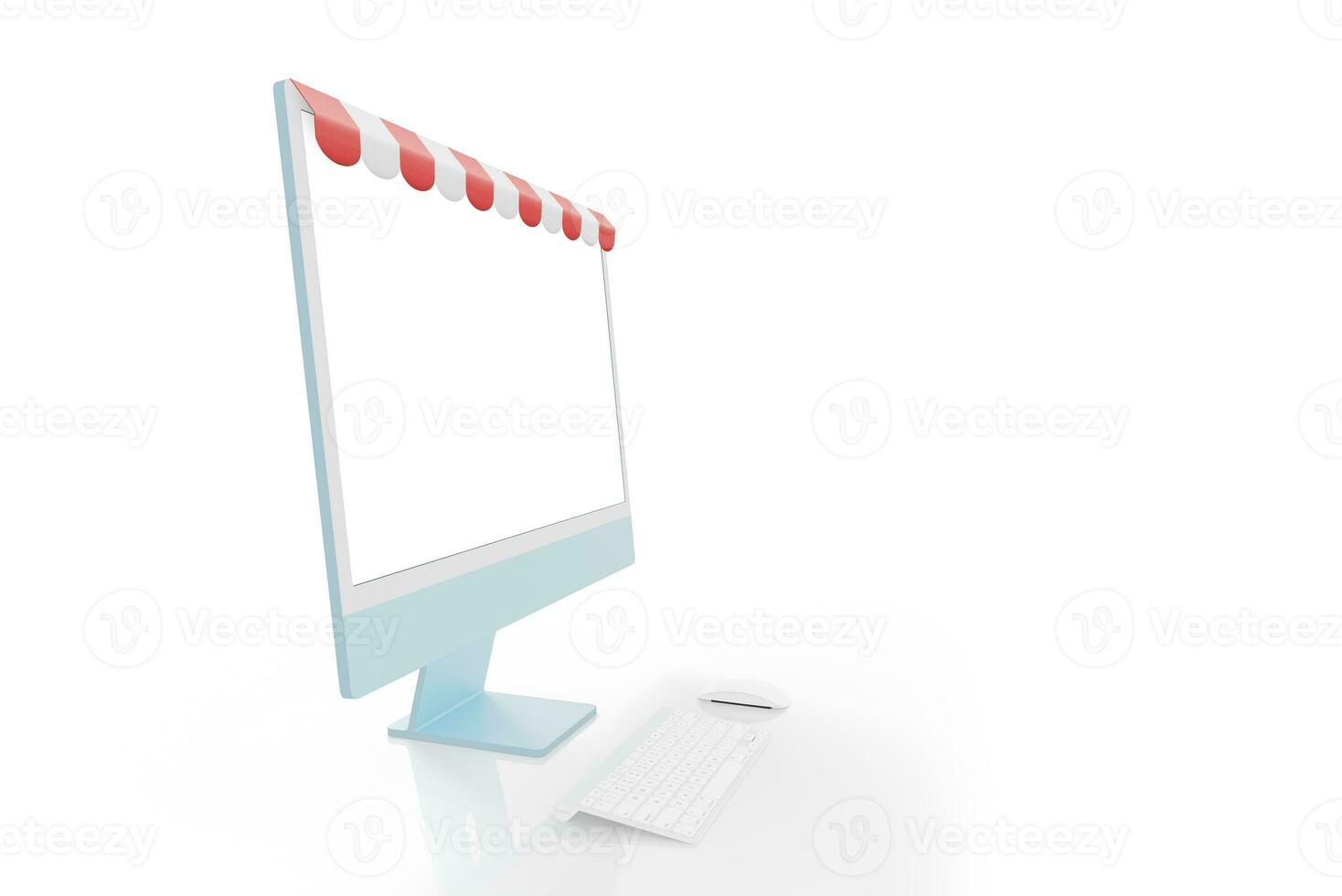 Computer display with red white shop awning concept. Isolated screen for mockup, app, web page or product presentation photo