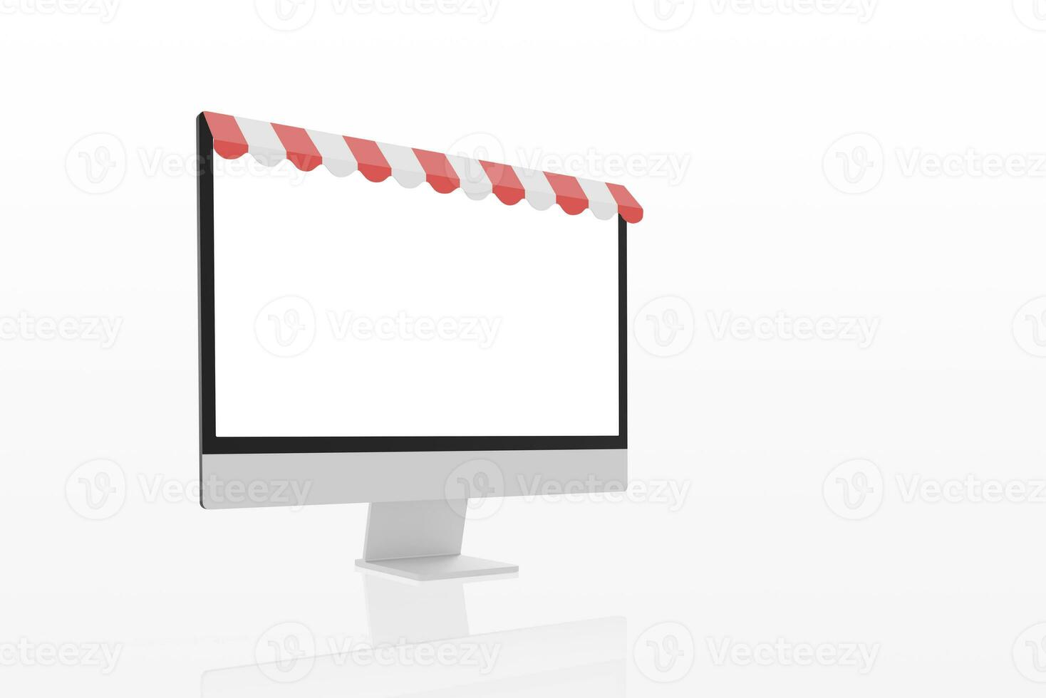Generated imageComputer display mockup with red white shop awning concept. Online shopping store presentation display mockup photo