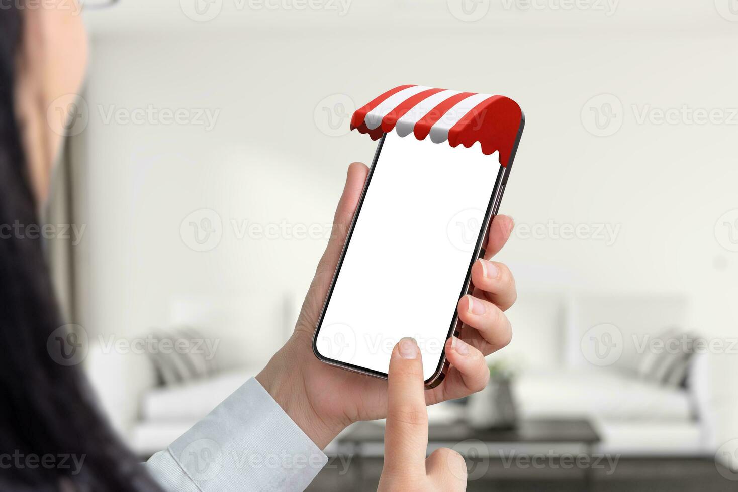 Woman use smart phone with red white awning on phone display concept. Isolated screen for mockup, app or web page presentation photo