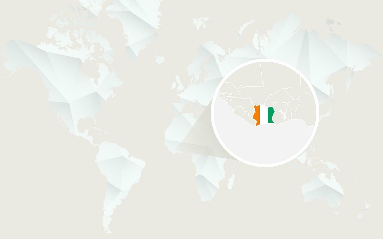 Ivory Coast map with flag in contour on white polygonal World Map. vector