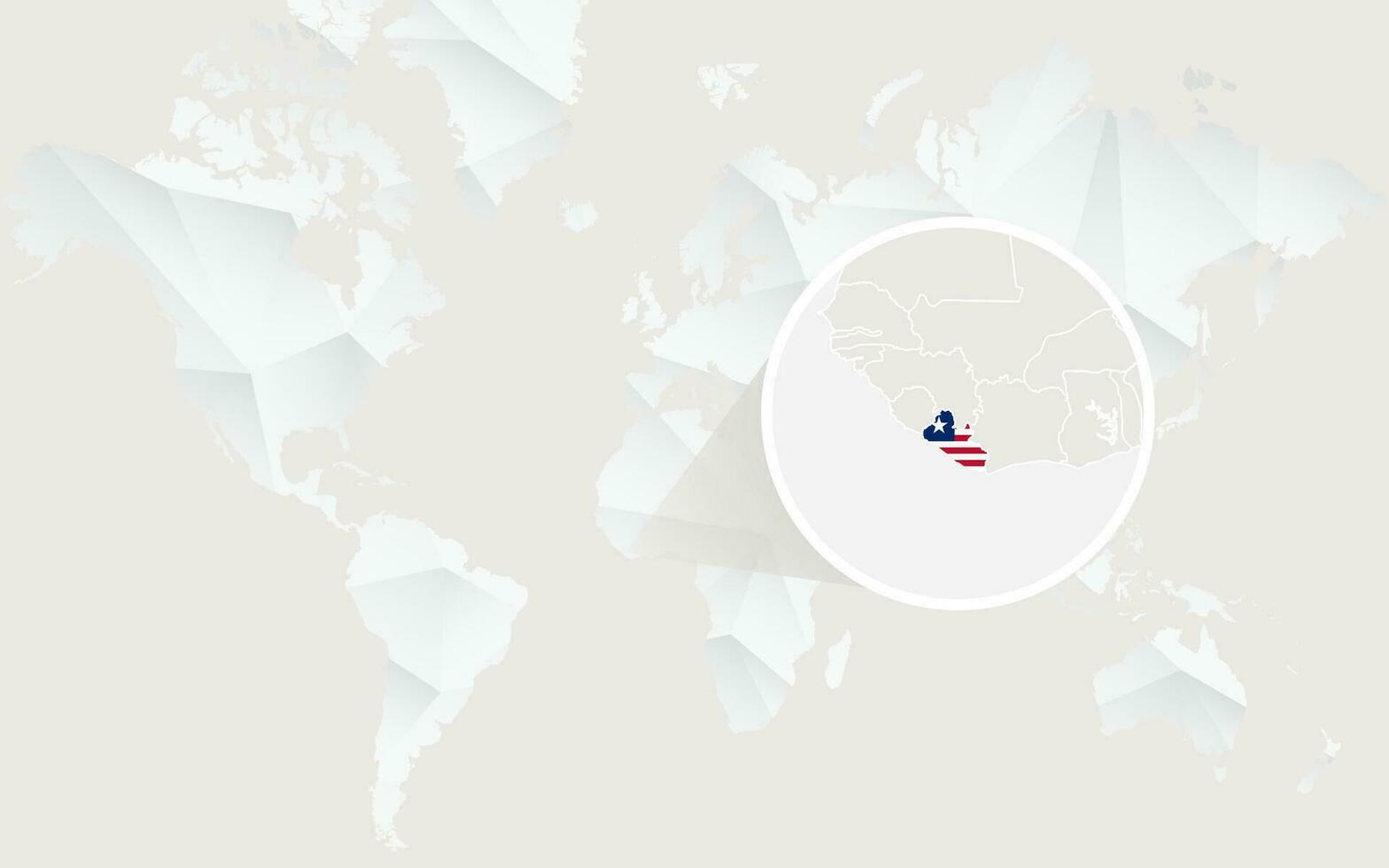 Liberia map with flag in contour on white polygonal World Map. vector