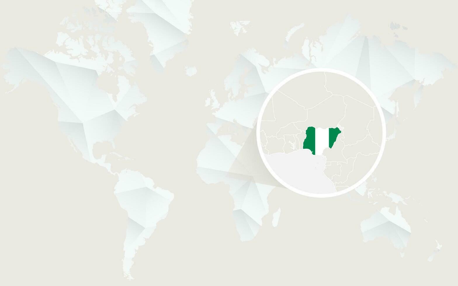 Nigeria mapa con bandera en contorno en blanco poligonal mundo mapa. vector