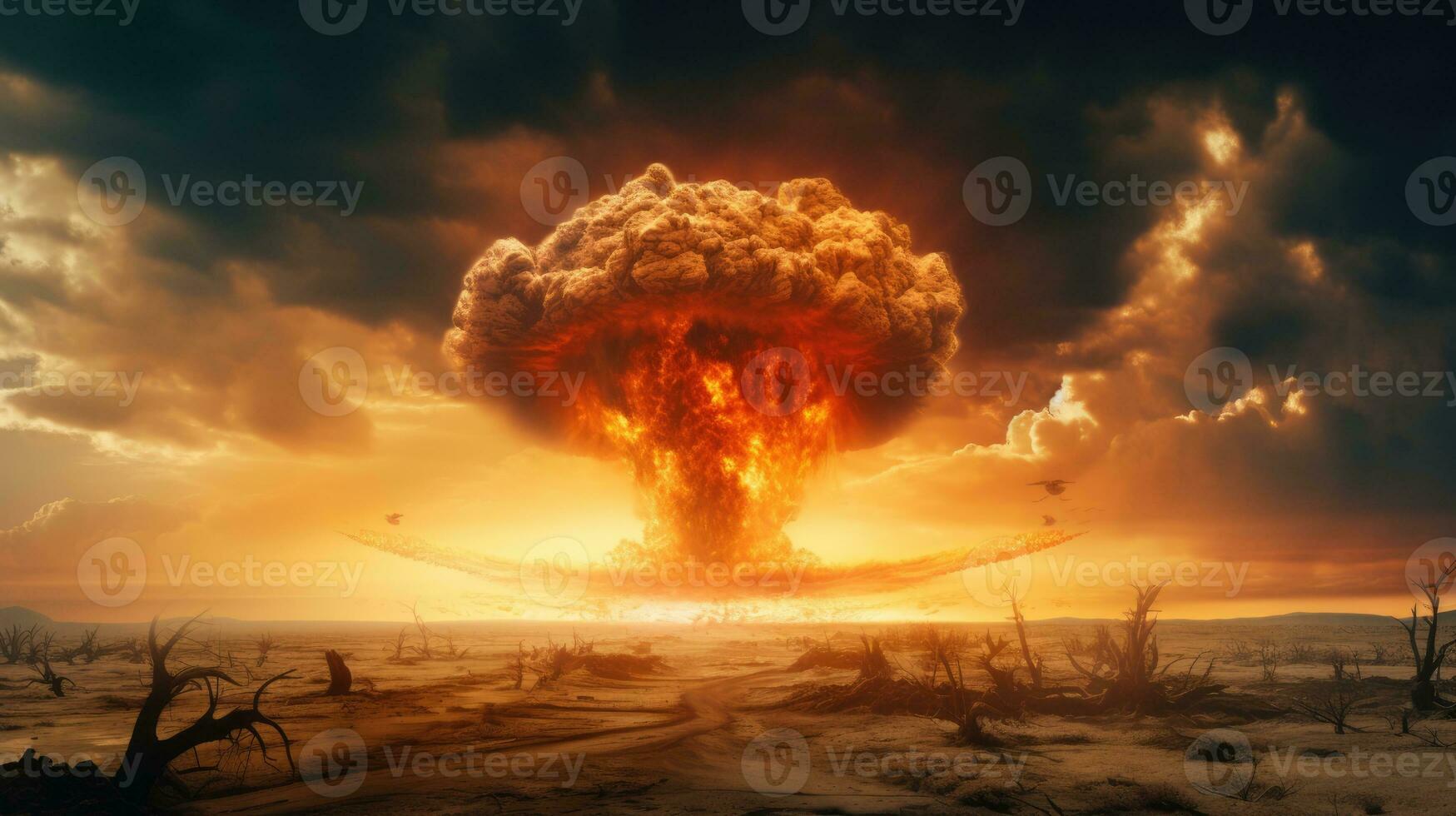 Terrible explosion of a nuclear bomb with a mushroom. Hydrogen bomb AI Generative photo