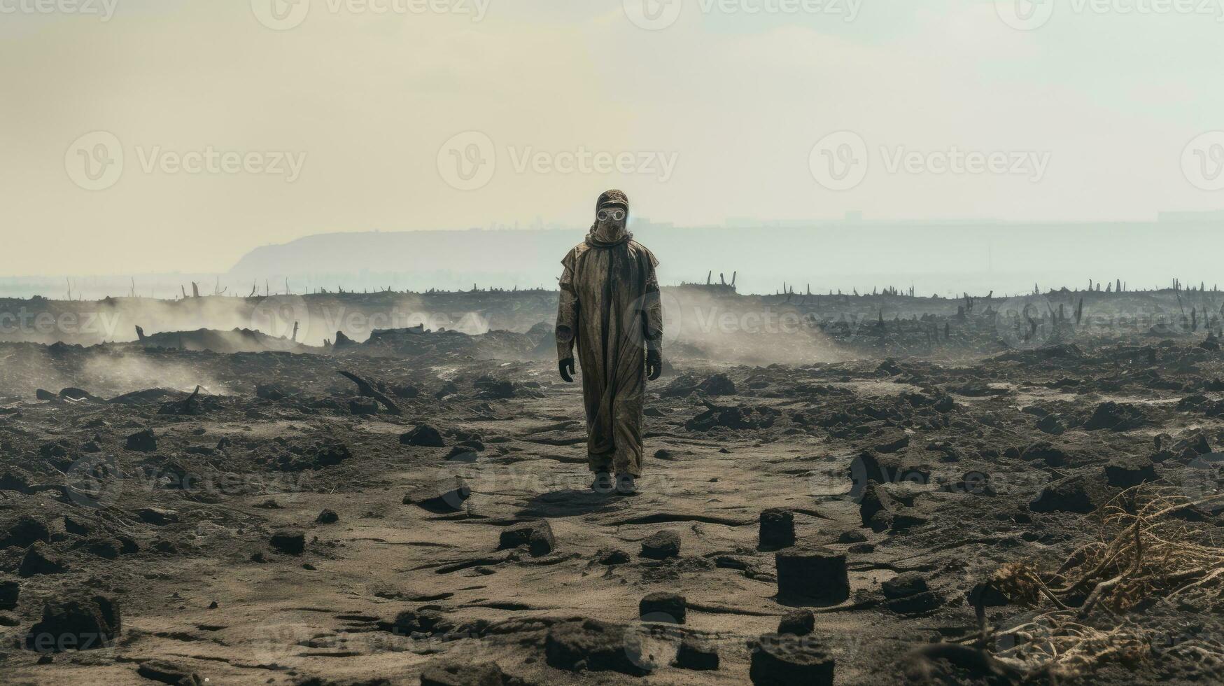 Scorched earth after the end of the world. Man in a mask and protective suit AI Generative photo