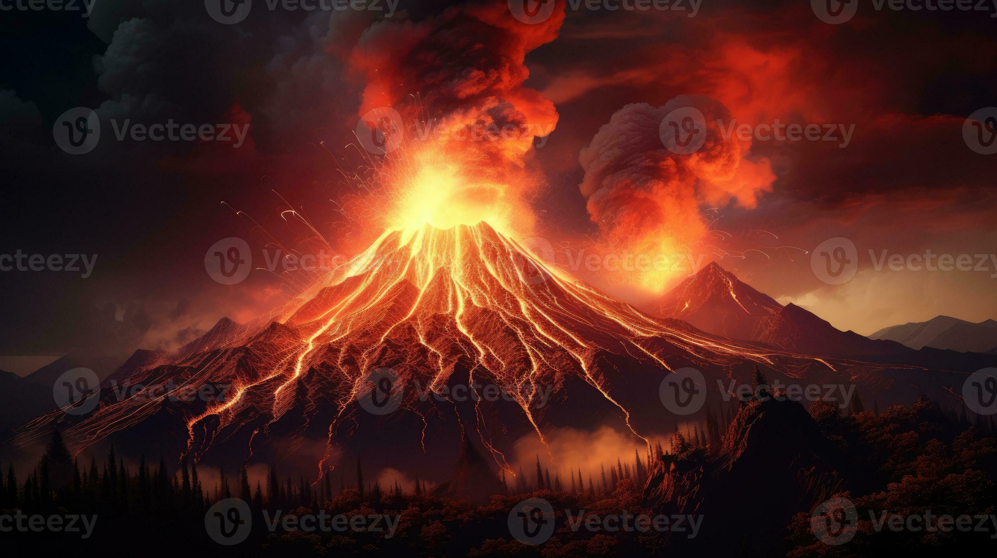 Volcano eruption at night. Natural disaster, volcano explosion. AI