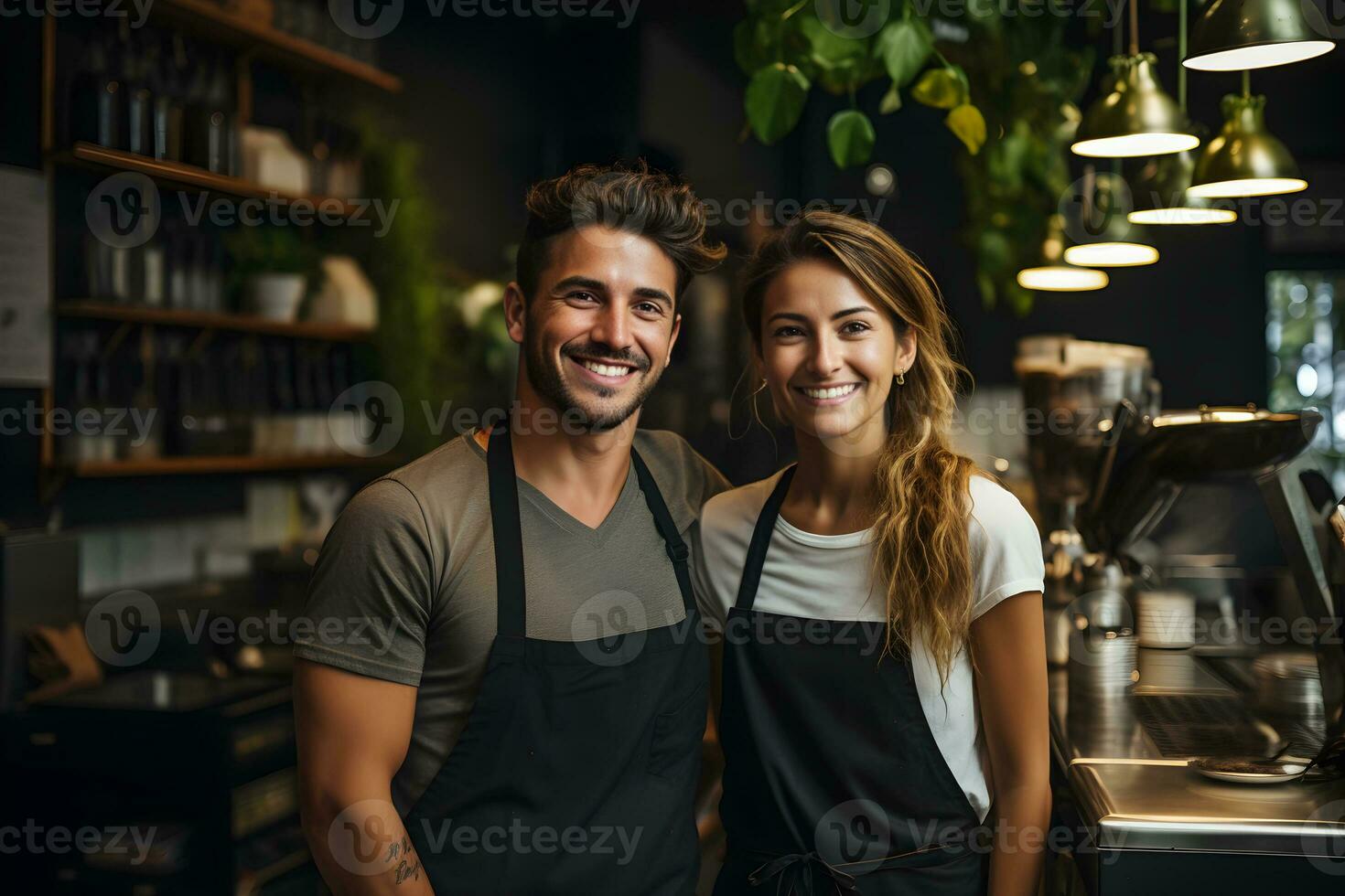 Portrait of happy, smiling baristas couple wearing apron in coffee shop. Generative Ai, illustration photo