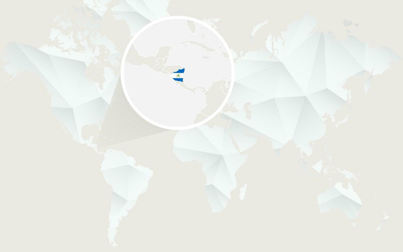 Nicaragua mapa con bandera en contorno en blanco poligonal mundo mapa. vector