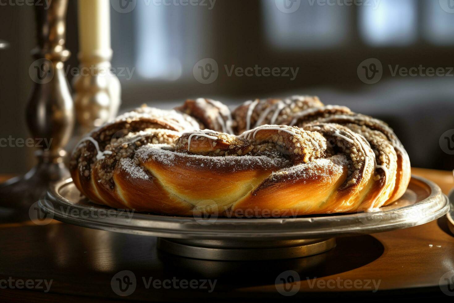 A Polish babka with a dusting of powdered sugar is served on a cake stand. AI Generative photo