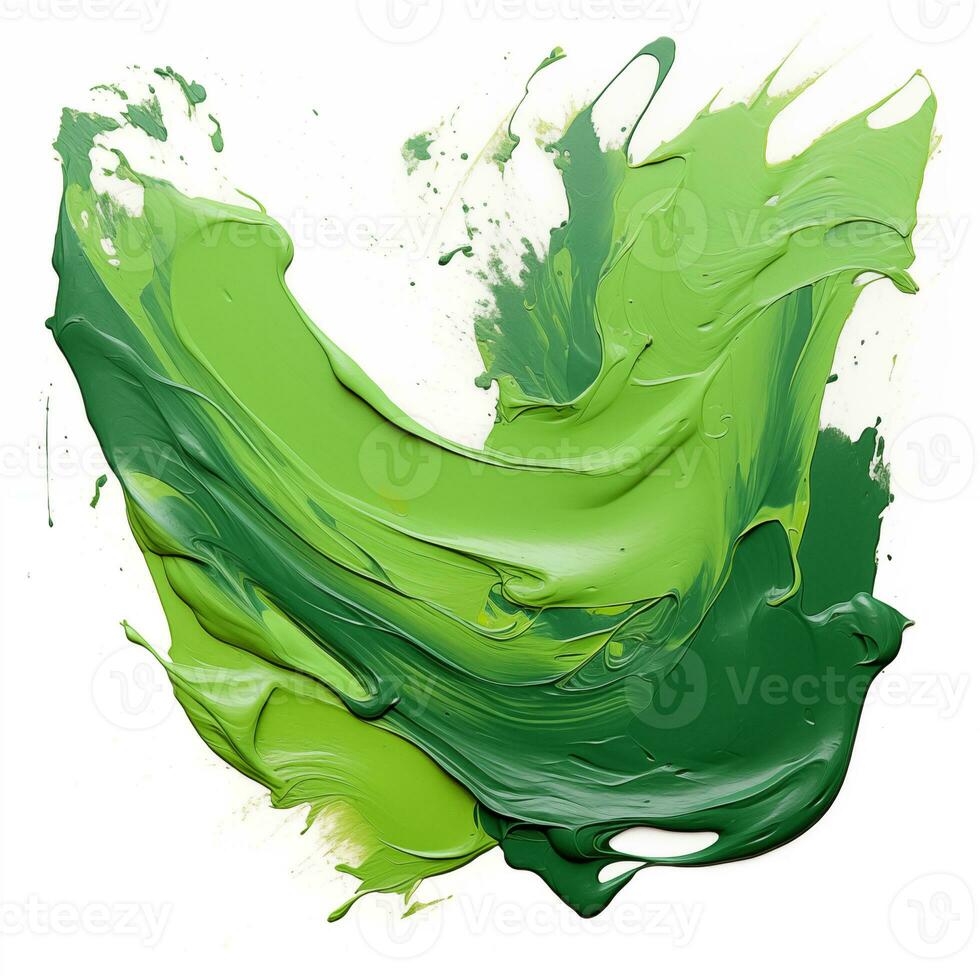 A smear of green acrylic paint. A brush stroke of paint on a white background. AI Generative photo